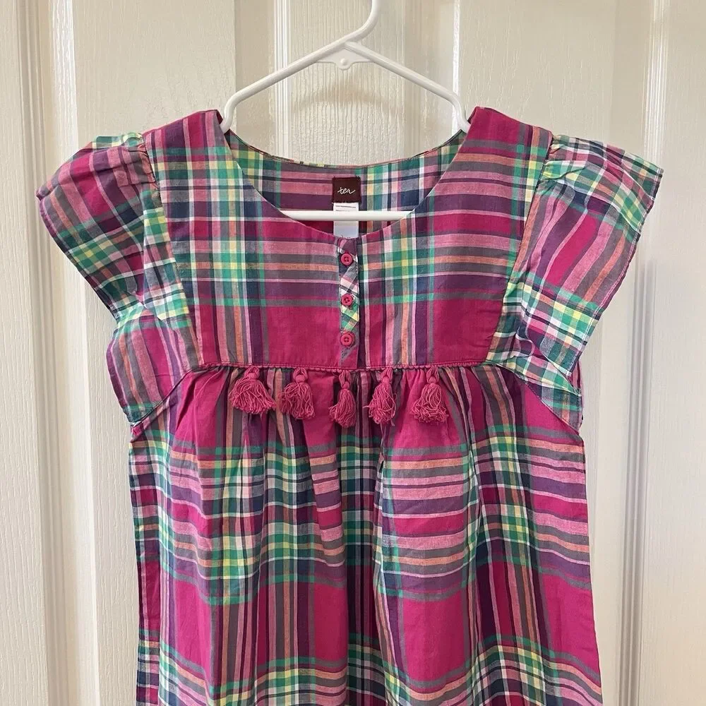 Tea Collection Lucknow Plaid Tunic Dress with Tassels Cotton Girls Size 12
